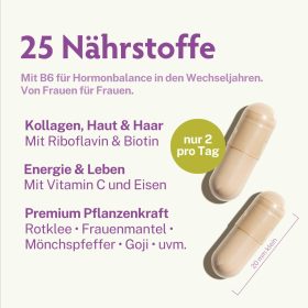 PuriaFAM Meno® mit hochwertigen Vitaminen, wie Frauenmantel, Mönchspfeffer, Eisen und Magnesium