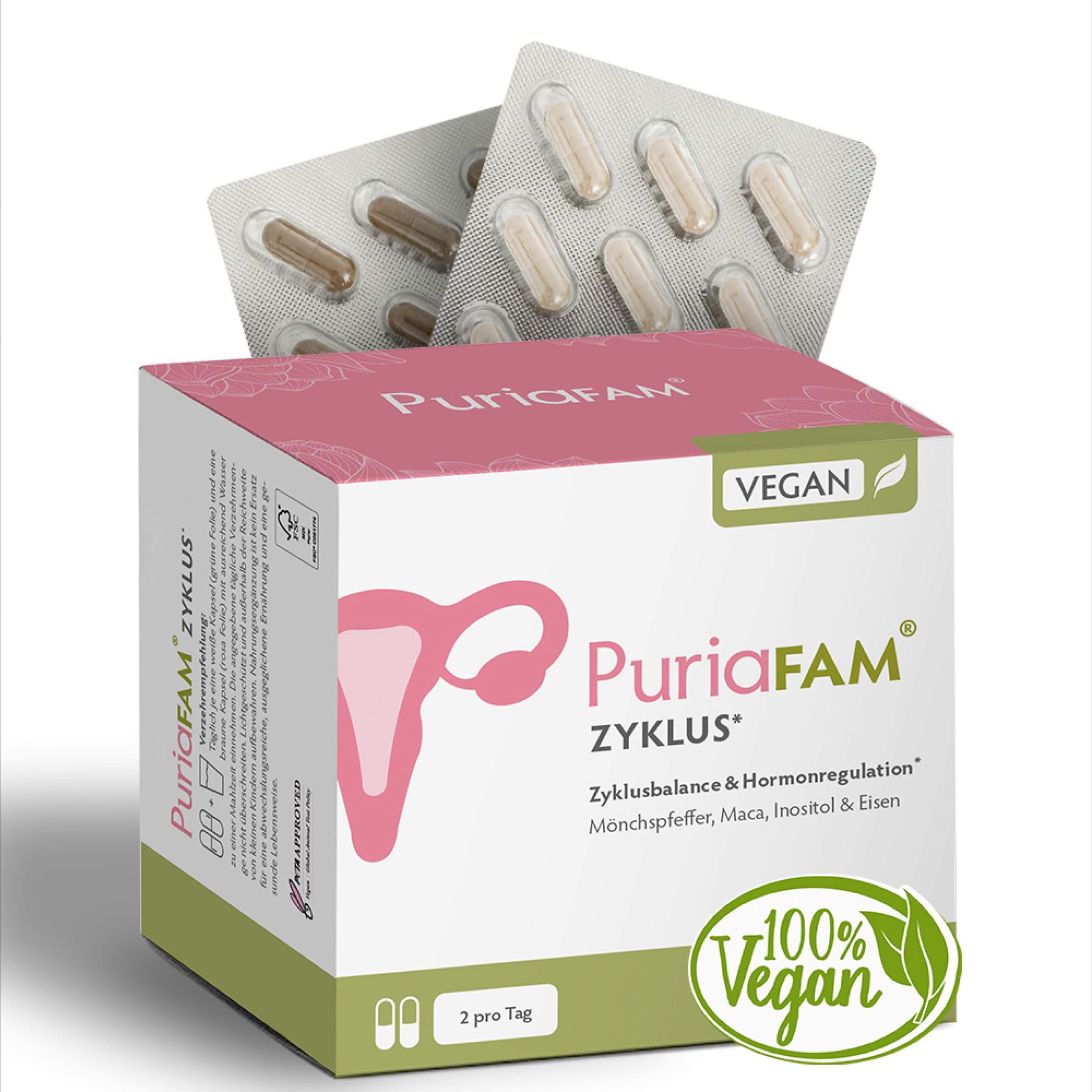 PuriaFAM Zyklus, 180 Kapseln, Vorderseite Verpackung